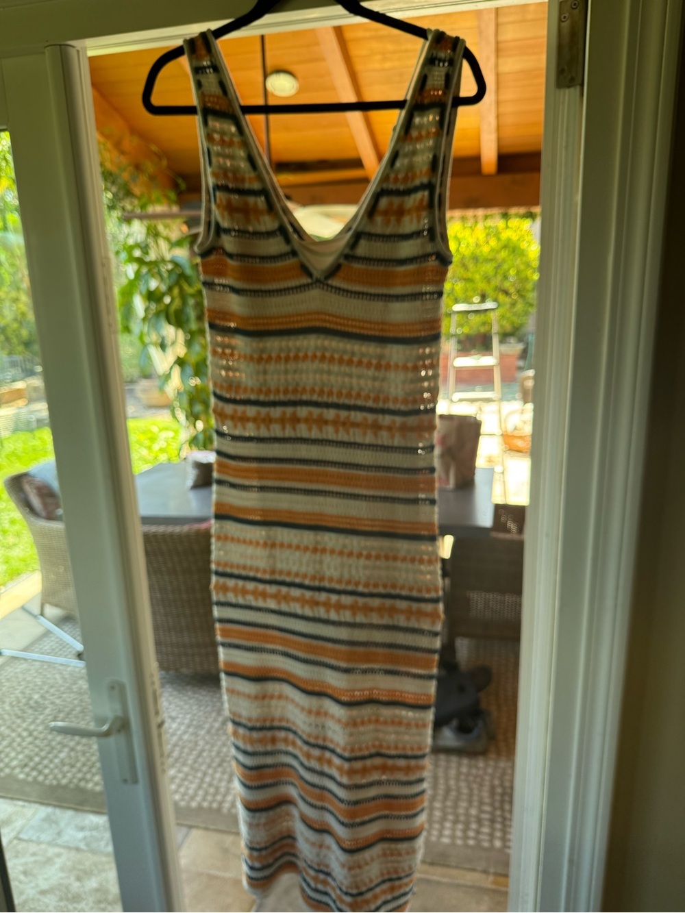 Joie Sleeveless Striped Knit Midi Dress in Cream and Tan.  Length approx.  54”